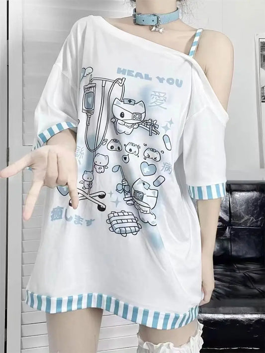 Japanese Harajuku Sweet Graphic T Shirts Women Cat Print Summer Off shoulder Top Short-sleeve Oversize Tees Loose Casual T shirt
