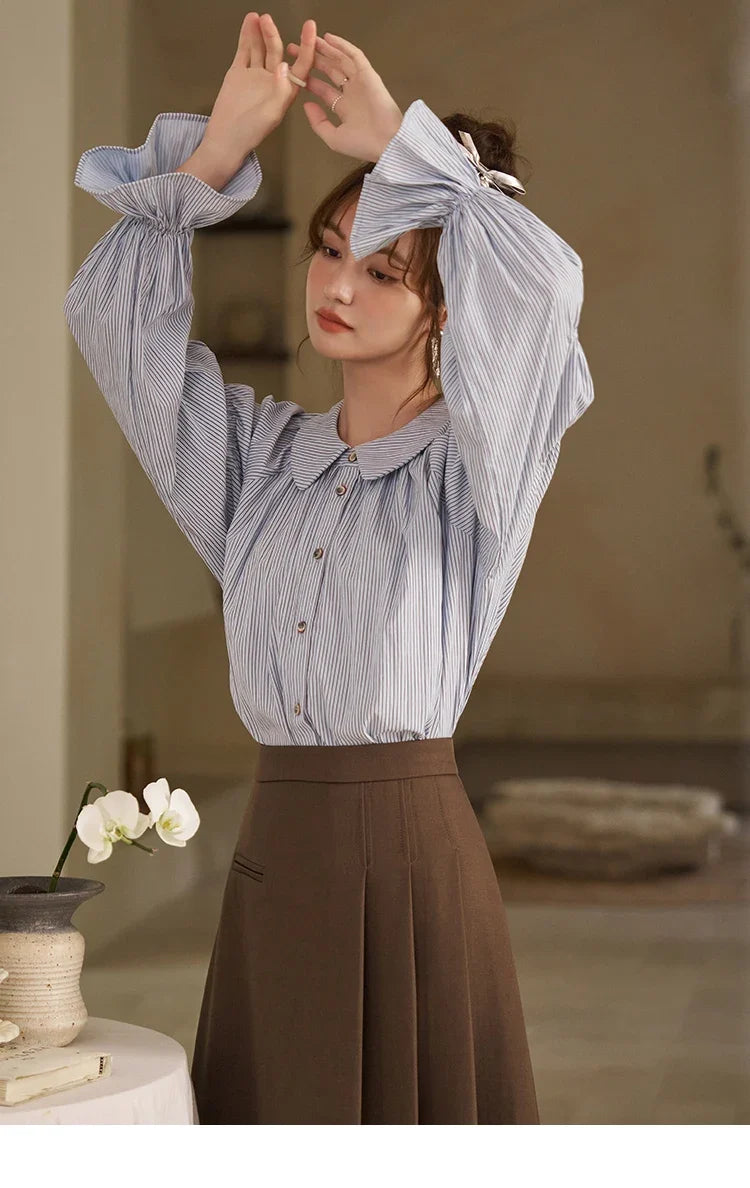 Women's Blue Stripe Shirt 2024 Spring Fashion French Retro Bubble Sleeves Doll Neck Loose Tops Office Lady MXD12C0163