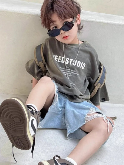 2026 New Boys' Summer 100% Cotton Streetwear Short Sleeve T Shirt Casual Half Sleeve Clothing