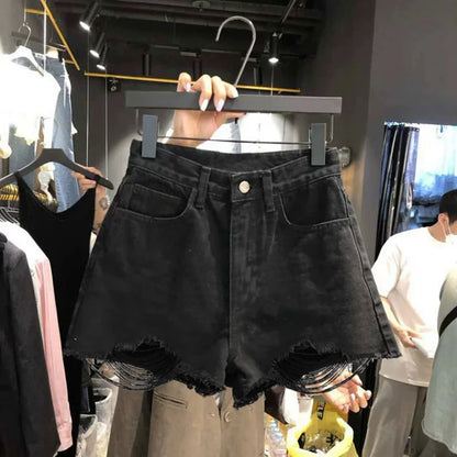 Summer Women Ripped Washed Hole Hight Waist Denim Pants Short Bermuda Pant Casual Tassel Tight Five-point Stitch Street Pants