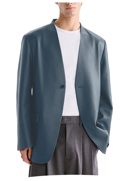 Luxury Men's PU Leather Blazer Collarless Jacket Loose 1 Button Elegant Solid Color Coat for Party Wedding Office Daily Wear