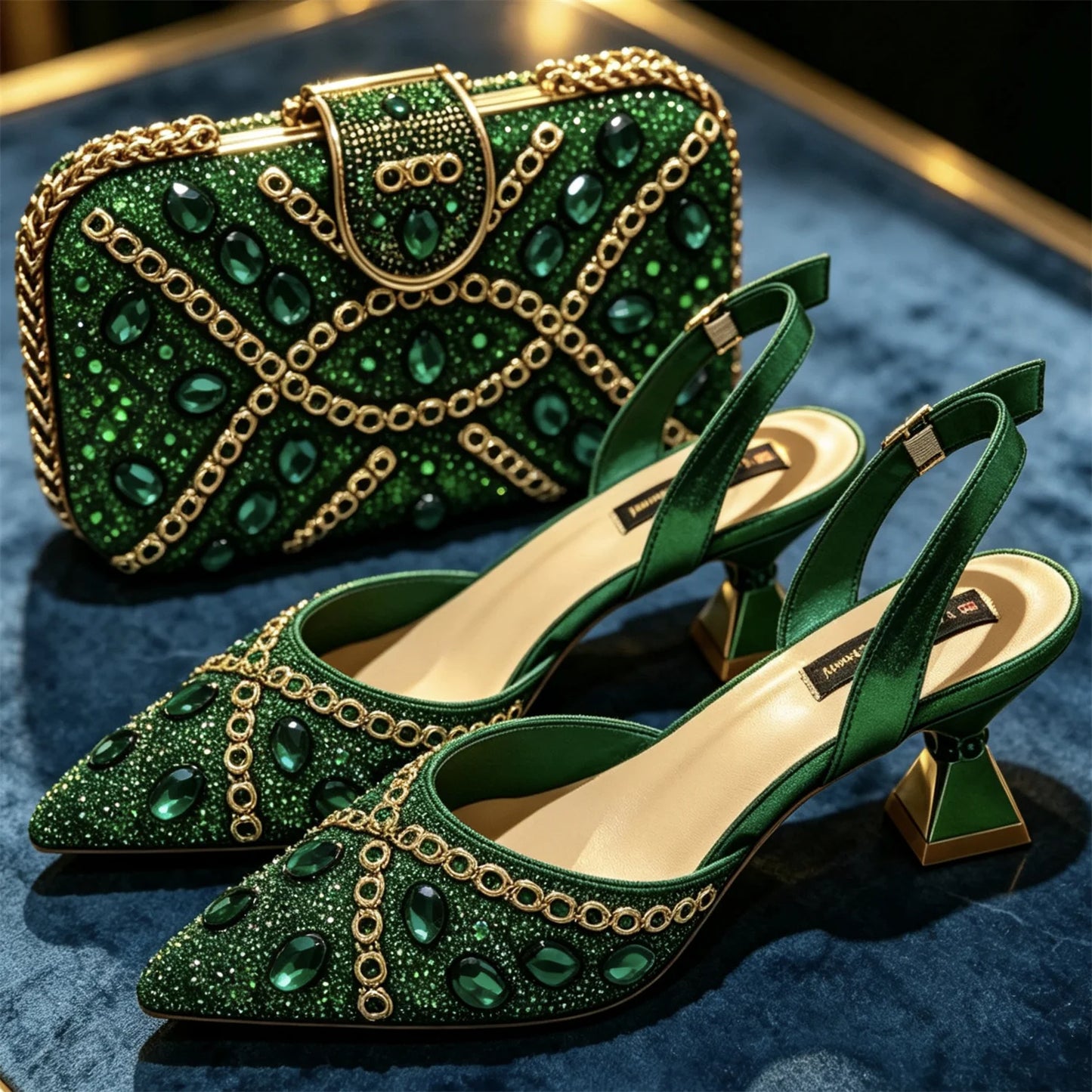 New Itlian Design Blue Color Rhinestone High Heel Shoe And Bag Fashion Style Pointed-Toe Shoes For Comfort Included Women Shoes