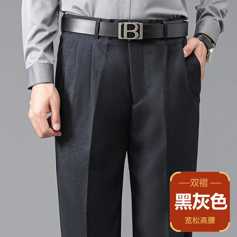Double Pleated Mens British Pants High Waist Thicken Straight Business Black Formal Clothes For Mens Dress Trousers size 42 44