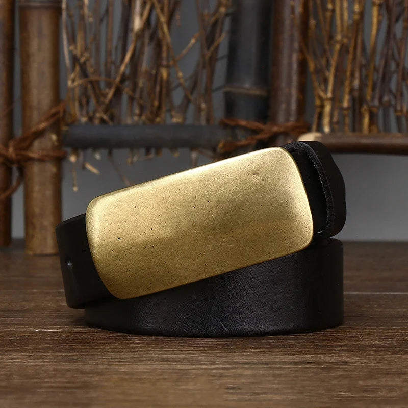 3.3cm Pure Cowskin Men Belt High Quality Genuine Leather Smooth Brass Buckle Strap Male Jeans Luxury Designer Belts for Man