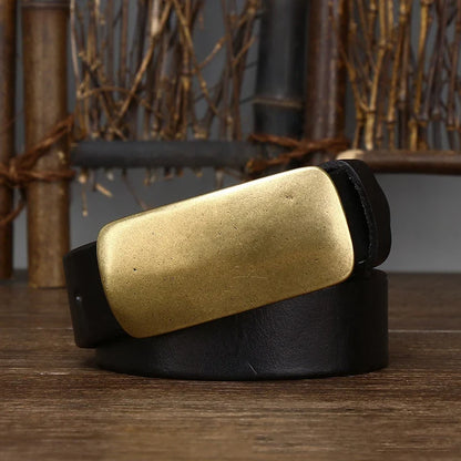 3.3cm Pure Cowskin Men Belt High Quality Genuine Leather Smooth Brass Buckle Strap Male Jeans Luxury Designer Belts for Man