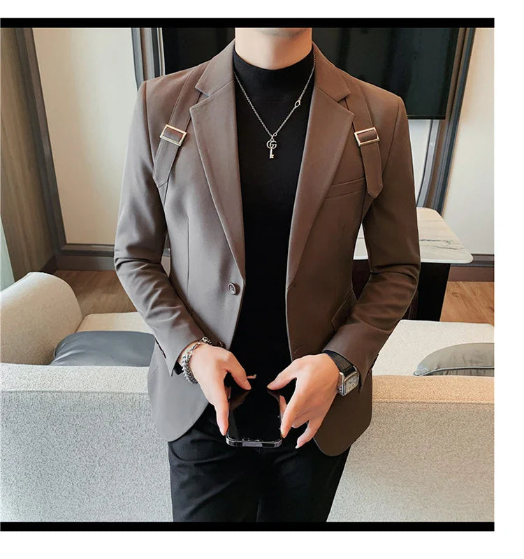 2024 Autumn Winter New Strap Decoration Suit Jacket for Men Fashion Slim Casual Business Blazers Groom Wedding Social Tailcoat
