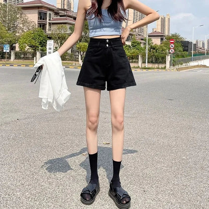 Double-Buckled Straight-Leg Short Jeans Women's Spring/Summer Loose Cuffed Wide-Leg Denim Shorts Trendy Y2K Mini Skirt Cuteore