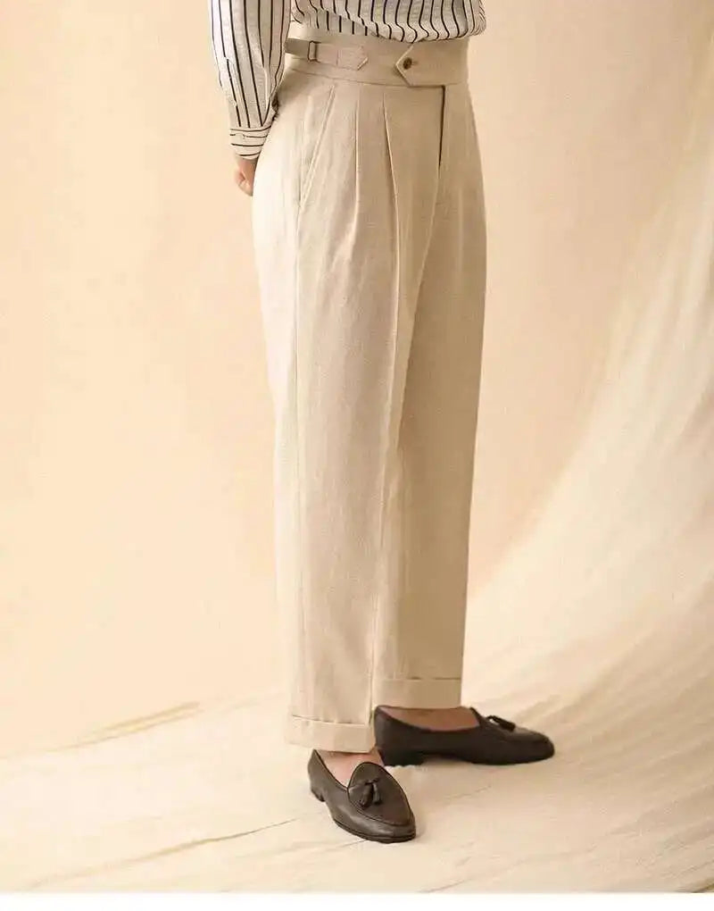 Linen Straight Pant For Men 2024 Summer Business Gentleman Naples Pant Paris Buckle Drape High Waisted Trousers Men Formal Pant