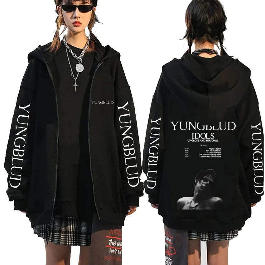 Singer Yungblud Black Hearts Club Zipper Hoodie Male Fleece Cotton Zip Up Hoodies Men Women Rock Vintage Oversized Zip Up Jacket
