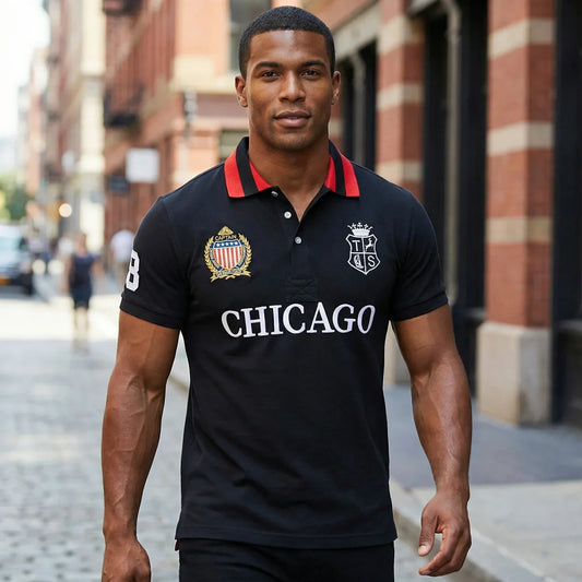Men's polo shirt USA Chicago short sleeve Royal leisure sports party cotton embroidered with slit contrast color original