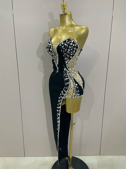 Newest High Quality Sexy Strapless Shinning Rhinestones Bodycon Bandage Long Dress Women Fashion Celebrate Evening Party Vestido