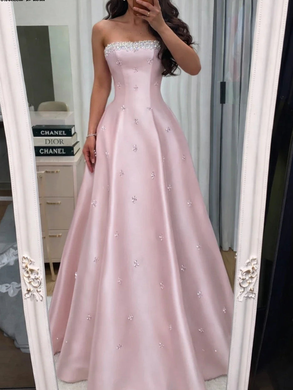 Customized Strapless Crystal Beaded Neckline Luxury Evening Dress French Robes De Soirée Floor Length A Line Ball Gown