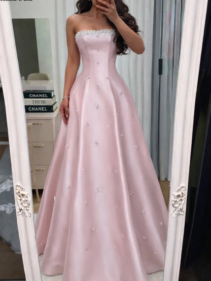 Customized Strapless Crystal Beaded Neckline Luxury Evening Dress French Robes De Soirée Floor Length A Line Ball Gown