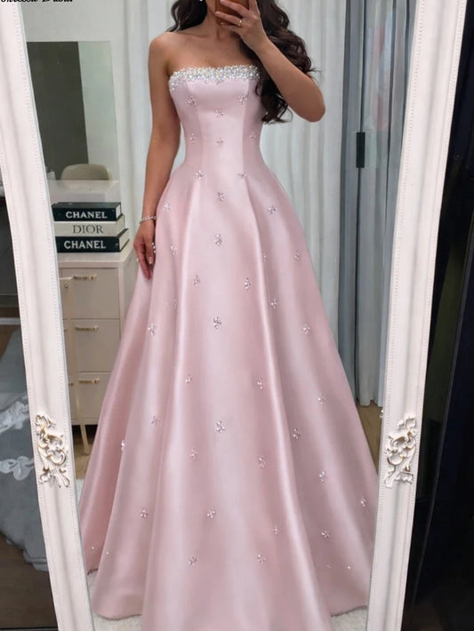 Customized Strapless Crystal Beaded Neckline Luxury Evening Dress French Robes De Soirée Floor Length A Line Ball Gown