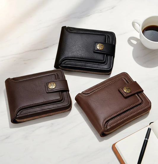 Portefeuille Homme Portefeuille en Cuir PU pour Homme Mini Portefeuille Pliant Portable avec Fermeture Éclair Boucle Multiples Compartiments Porte-Cartes de Crédit