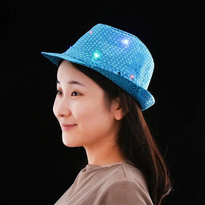 Stage Performance Flashing Light Up Led Fedora Trilby Jazz Hat Panama Cap Sequin