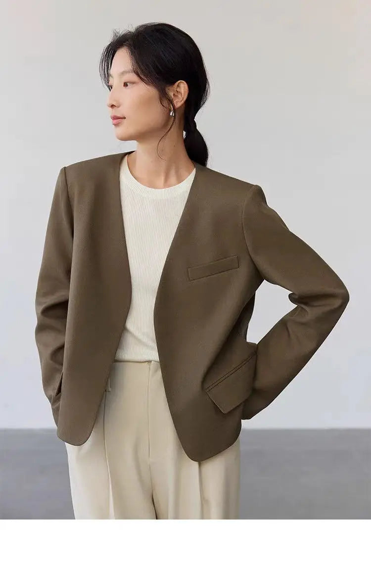Womens Gray Collarless Blazer Cropped Open Front Suit Jacket Casual Office Outerwear