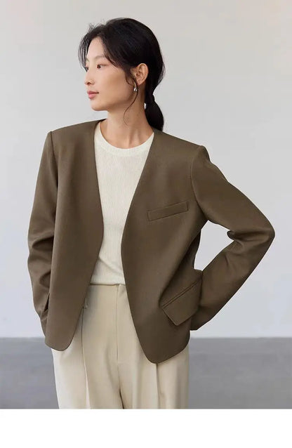 Womens Gray Collarless Blazer Cropped Open Front Suit Jacket Casual Office Outerwear