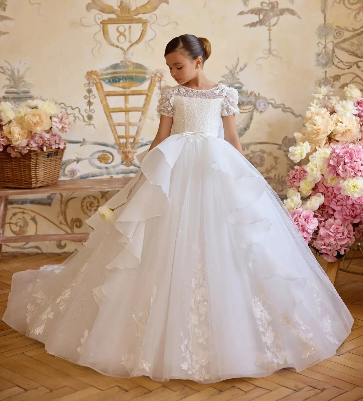 White Lace Tulle Flower Girl's Dresses for Wedding Bow Appliqued Ruffles First Communion Dress Baby Girl's Birthday Party Gowns