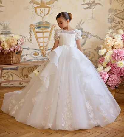 White Lace Tulle Flower Girl's Dresses for Wedding Bow Appliqued Ruffles First Communion Dress Baby Girl's Birthday Party Gowns