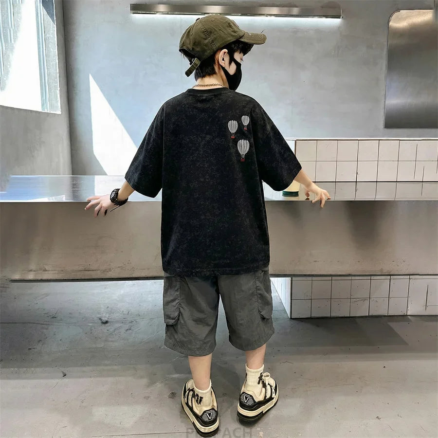 Fashion Boys Summer Outfit T-shirt Shorts Sports Set Children Top and Bottom Tracksuit Set Kids Casual Cotton Sportswear 5-14Y
