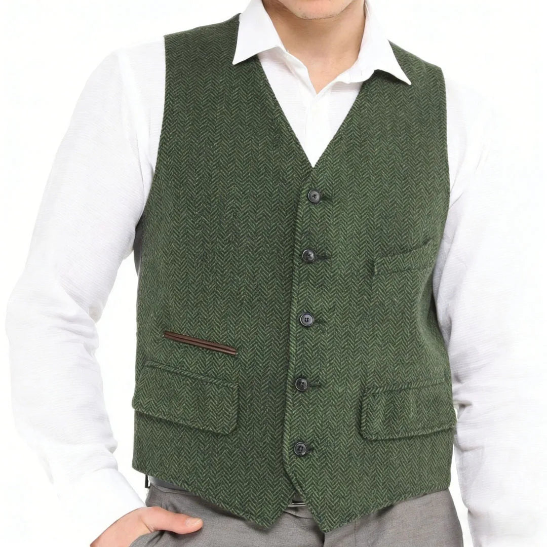 Men Vest Green Herringbone Single Button V Neck Waistcoat For Wedding Banquet Business Office Work Daily Casual Men Suit Vest