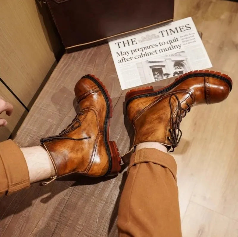 Vintage Mens Round Toe Lace Up High Top Work Safety Shoes Cowhide Genuine Leather Ankle Boots British Motorcycle Riding Boots 45