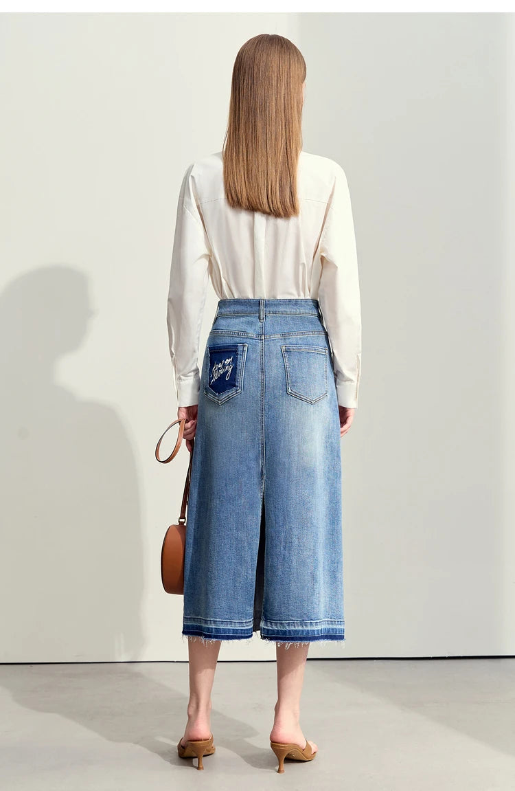 Minimalism 2024 Summer New Casual Denim Style Women Jeans Skirts Letters Embroidery Open Fork Female A-line Skirt 12442282