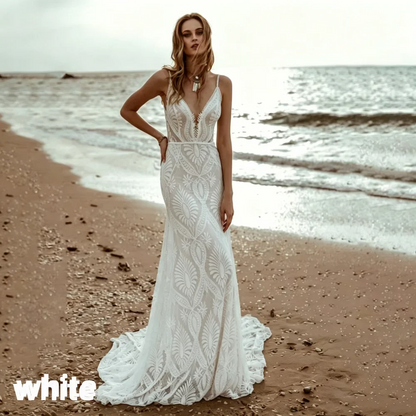 Customized Sexy Lace V Neck Beach Mermaid Wedding Dresses Elegant Spaghetti Straps Bridal Gowns Backless Vestidos De Novia