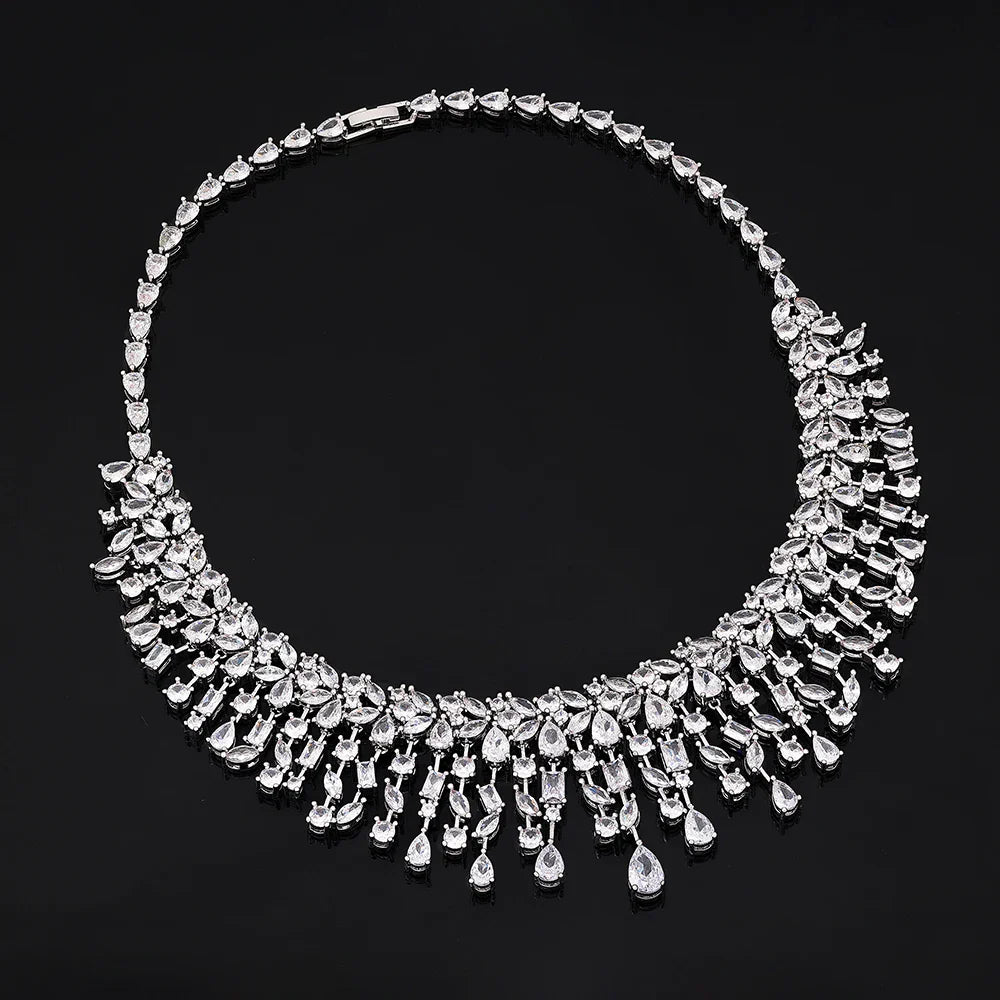 Luxury 4pcs Bridal Wedding Jewelry Set Cubic Zirconia Dubai Tassels Necklace Earrings Sets for Women Party Dress