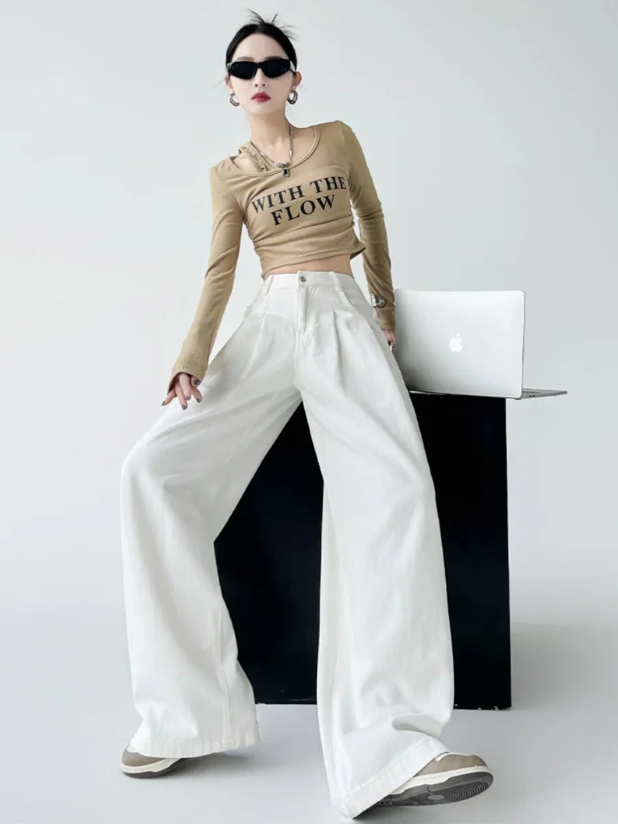 White Thin Pleated High Waist Non-Light Wide Leg Jeans Women's American High-End Loose Straight Lazy Floor-Length Pants