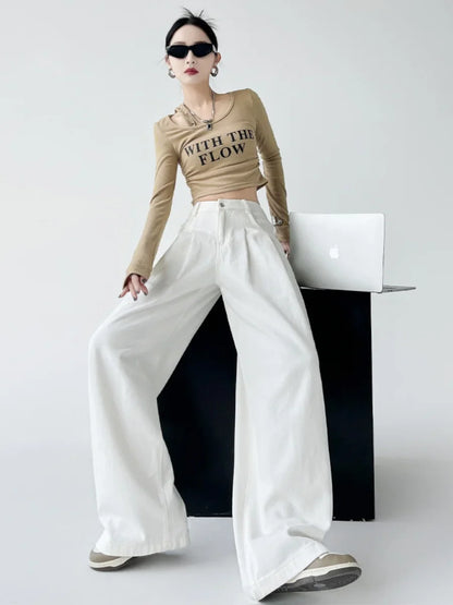 White Thin Pleated High Waist Non-Light Wide Leg Jeans Women's American High-End Loose Straight Lazy Floor-Length Pants