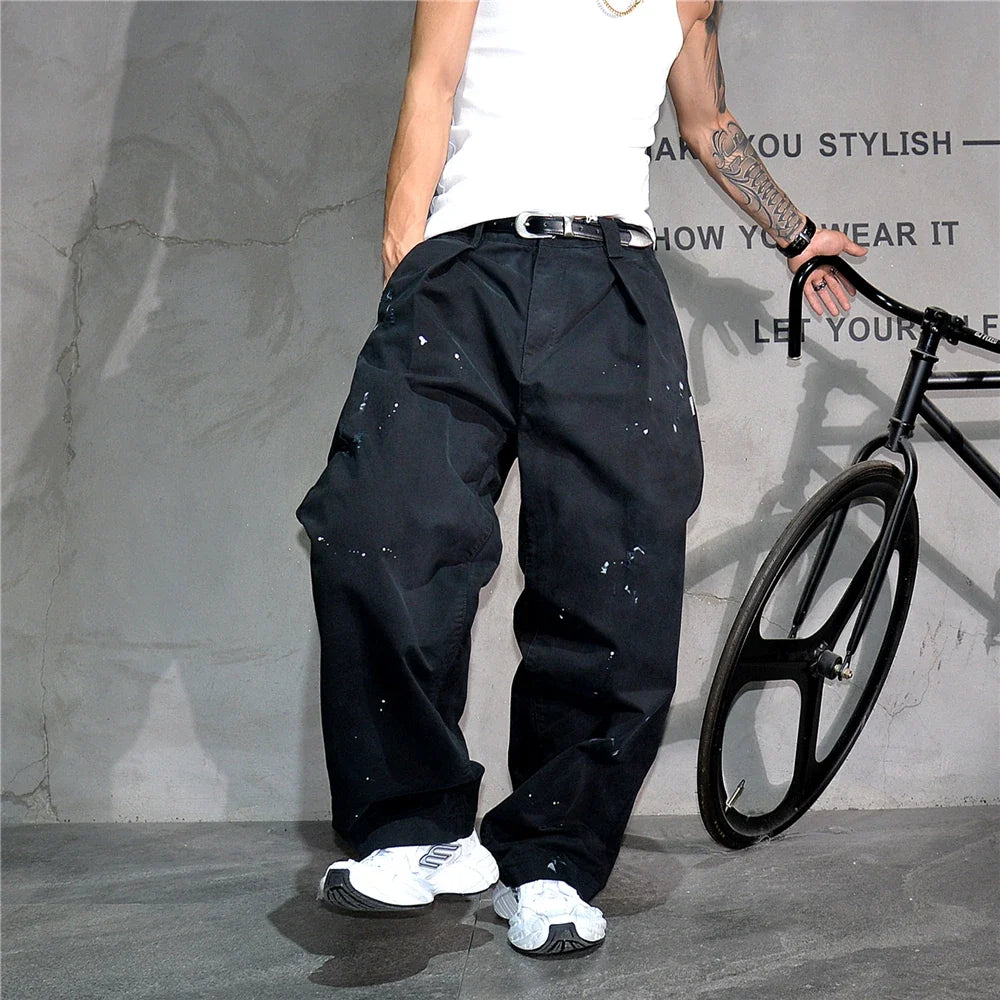 ‌Japanese Premium Vintage Distressed Paint Splash Cargo Pants Men Streetwear Loose Casual Straight Leg Haram Trousers Trendy