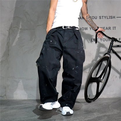 ‌Japanese Premium Vintage Distressed Paint Splash Cargo Pants Men Streetwear Loose Casual Straight Leg Haram Trousers Trendy