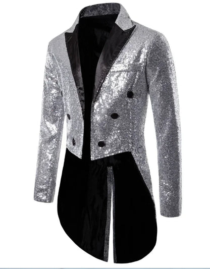 Shiny Gold Sequins Glitter Tailcoat Suit Jacket Male Double Breasted Wedding Groom Tuxedo Blazer Men Party Stage Prom Costume