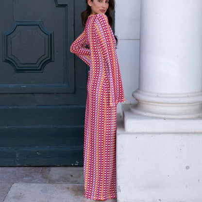 Crochet Colorful Stripe Maxi Dress Women Flare Sleeve Deep V-neck Split Sexy Long Dresses Spring Autumn Beach Banquet Vestidos