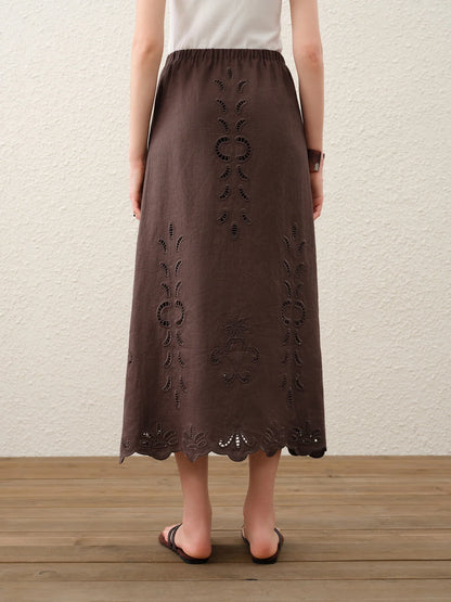 Summer Women Linen Two Piece Set Cut-Out Embroidered Sleeveless Top Midi Skirt Boho Beach Vacation Style