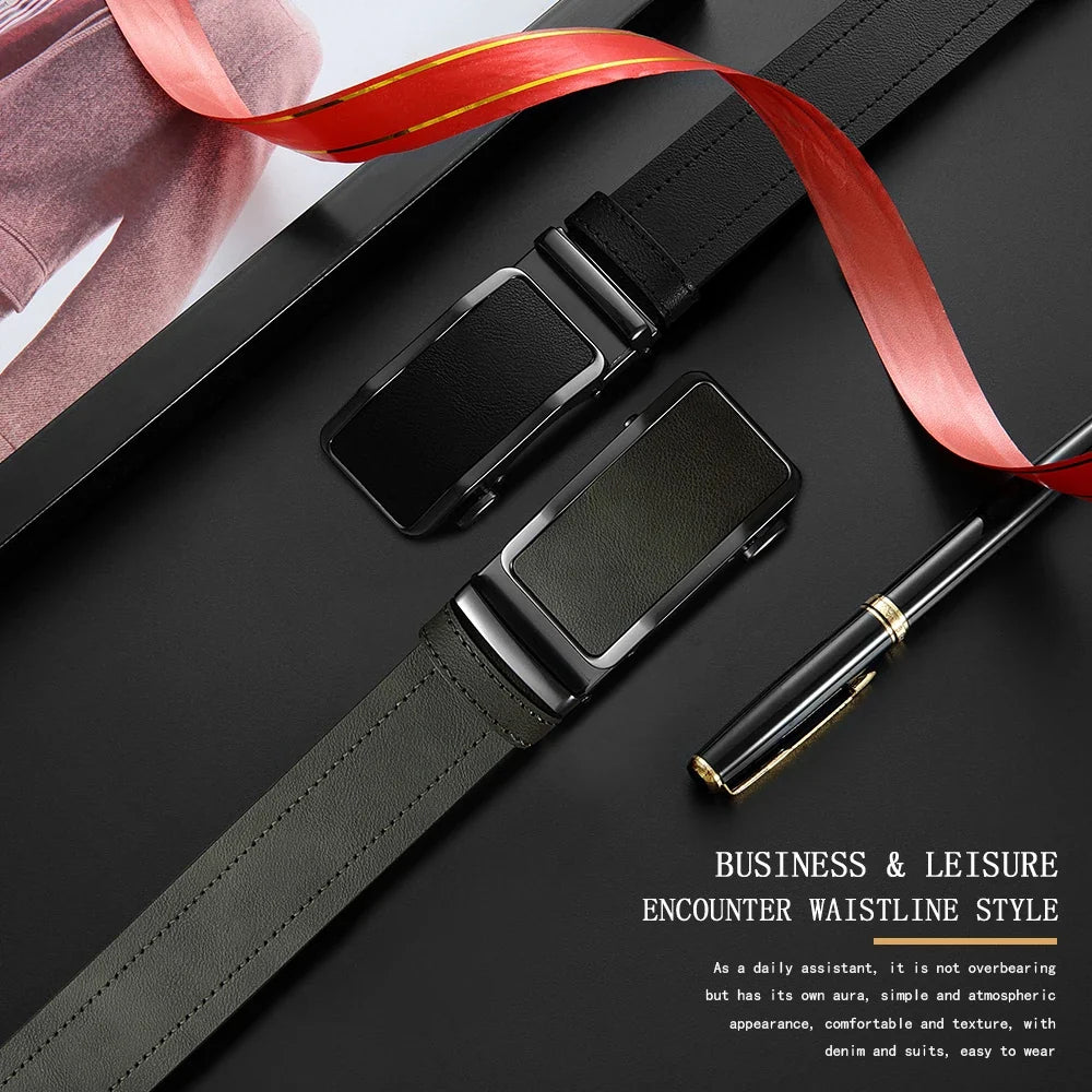 Men's Leather Belt Men's High-quality Business Belt Automatic Buckle Fashionable Ratchet Belt Can Be Adjusted Freely 2PCS