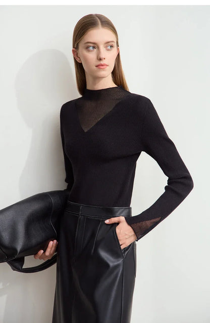 Minimalist Women's Turtleneck Slim Sweater 2025 Autumn Collection Sheer Panel Versatile Elegant Base Layer Top 12444241