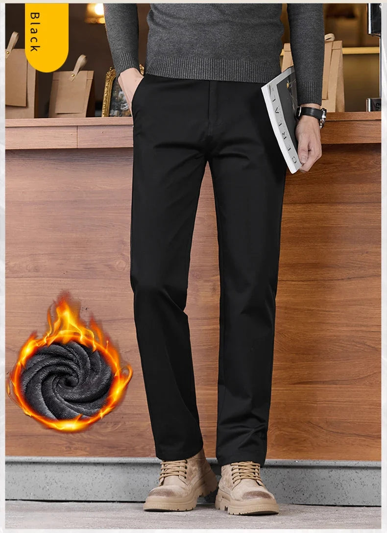 2025 Winter Fleece Pants Men's Pocket Fashion Thickened Cotton Stretch Comfort Plush Straight Business Pants Male