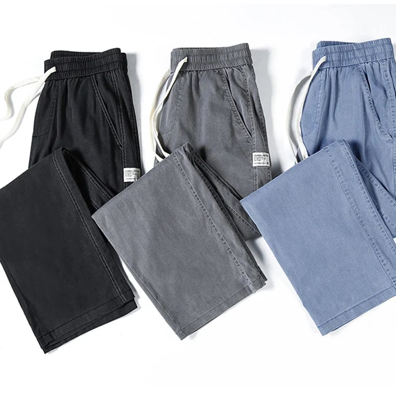 Summer Soft Lyocell Fabric Men's Jeans Thin Loose Straight Pants Drawstring Elastic Waist Korea Casual Trousers Plus Size M-5XL