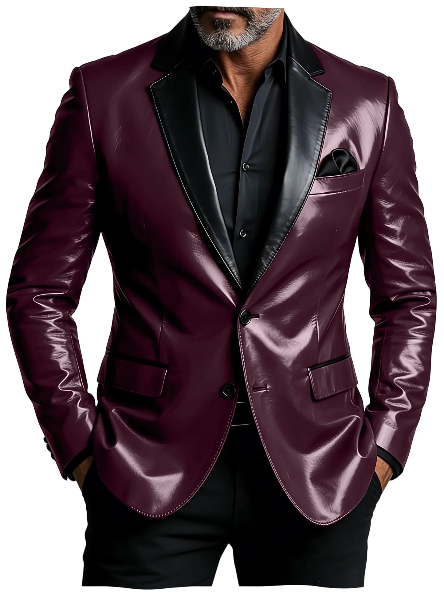 Men's Shiny Patent Leather Blazer Contrast Notch Lapel Two Button Suit Jacket Luxury Casual Business Formal Coat Party Wedding