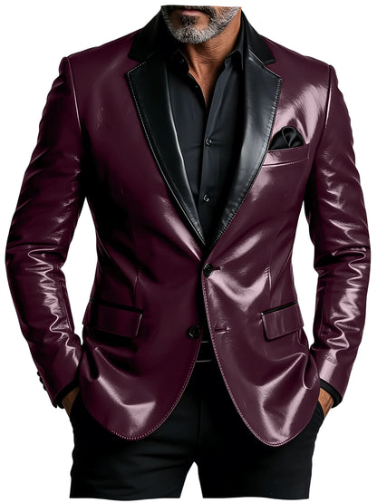 Men's Shiny Patent Leather Blazer Contrast Notch Lapel Two Button Suit Jacket Luxury Casual Business Formal Coat Party Wedding
