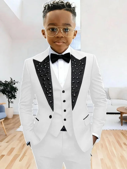 Boys Luxury Beaded Suit Set 3 Pieces For Evening Party High Quality Peak Lapel Suits Piano Performance Wear Elegant Plus Size