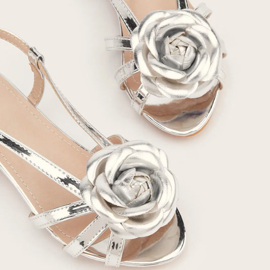 2025 Summer New Children's High Heels Fashion Flower Girls' Princess Sandals Silver Kid's Performance Dance Shoes 5-10 Years Old