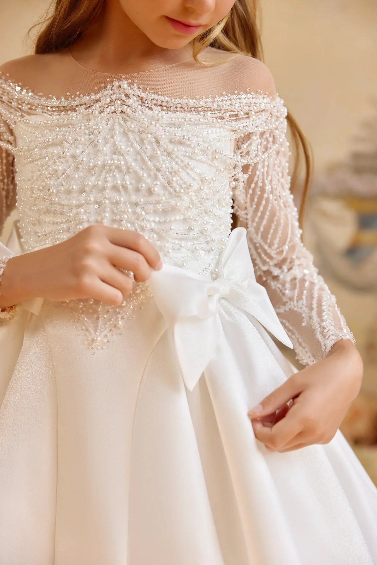 Luxury Pearls Beading Flower Girl's Dresses for Wedding White Ball Gown First Communion Dress Baby Girl Birthday Party Gowns