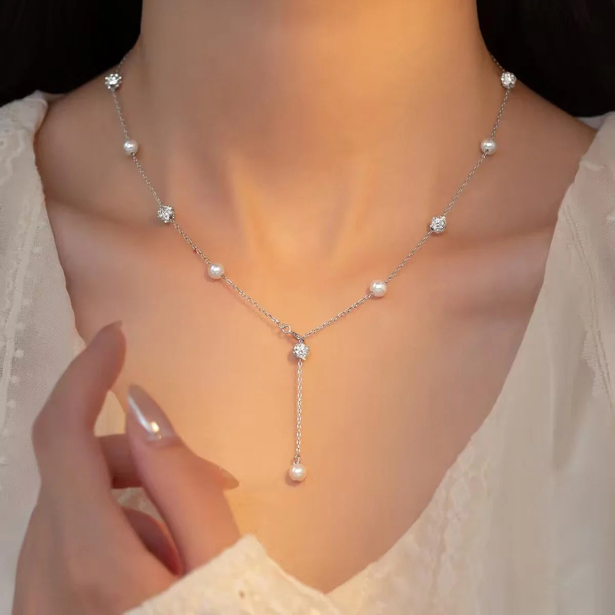 925 Sterling Silver Zircon Beads &Pearl Chain Necklaces Pendant For Women Fine Jewelry  Valentine’s Day Gifts