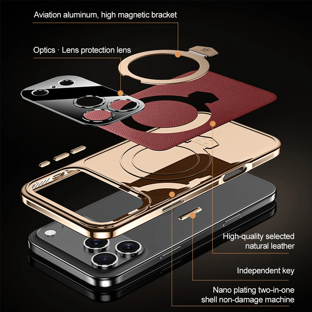 Magnetic Bracket Leather Phone Case For iPhone 17 Pro Max Air 16 15 14  17promax 16promax Magsafe Shockproof Funda Cover