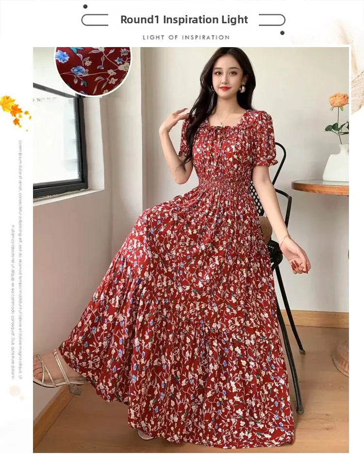 Summer New Cotton Silk Floral Print Maxi Dr ort Sve Beachwear High Waist Young Women's Large Skirt Swing Dr