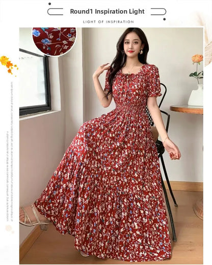 Summer New Cotton Silk Floral Print Maxi Dr ort Sve Beachwear High Waist Young Women's Large Skirt Swing Dr